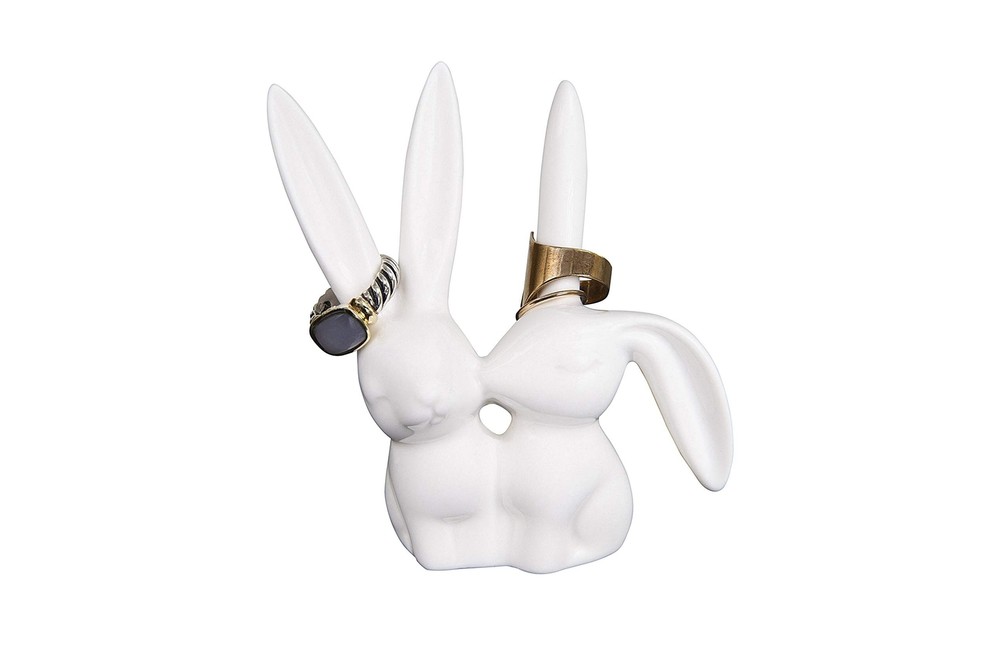 Creative Co-Op Ceramic Bunny Rabbits Ring Holder White