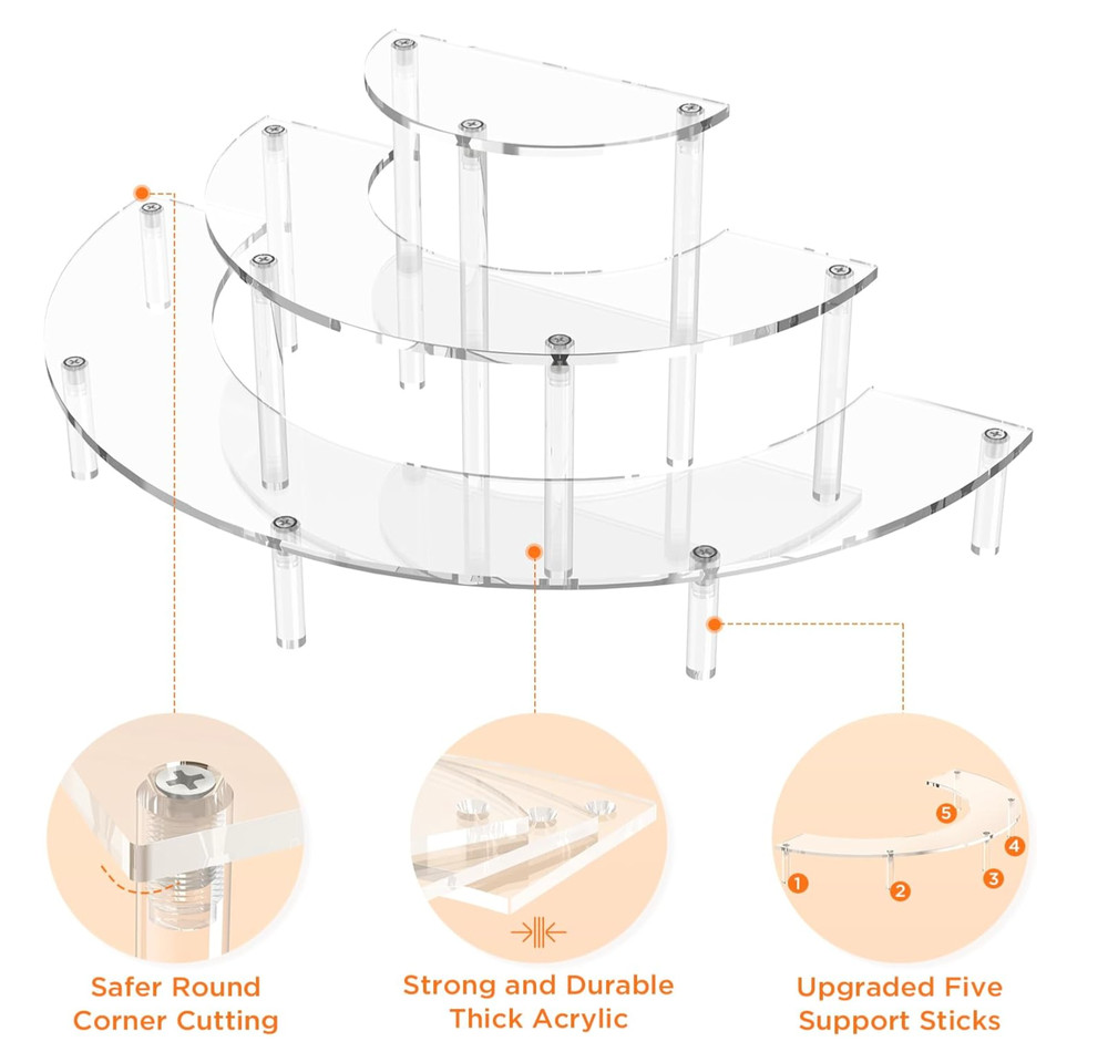 3 Tier Acrylic Display Risers, Half Moon Cupcake Stand, Clear Perfume Organizer