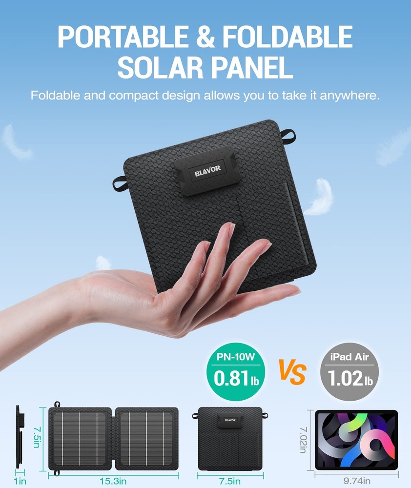 BLAVOR 10W Portable Solar Charger, Foldable Solar Panel with USB, 24% Efficiency