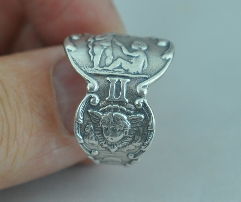Solid 925 Sterling Silver Gemini Zodiac Angel Birthday Adjustable Spoon Ring