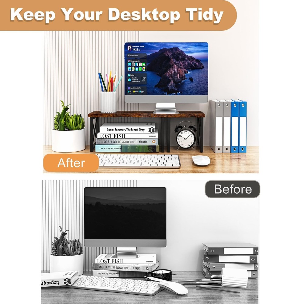 Desk Shelf, 2 Tier Wood Desktop Bookshelf, Adjustable Freestanding Stackable ...