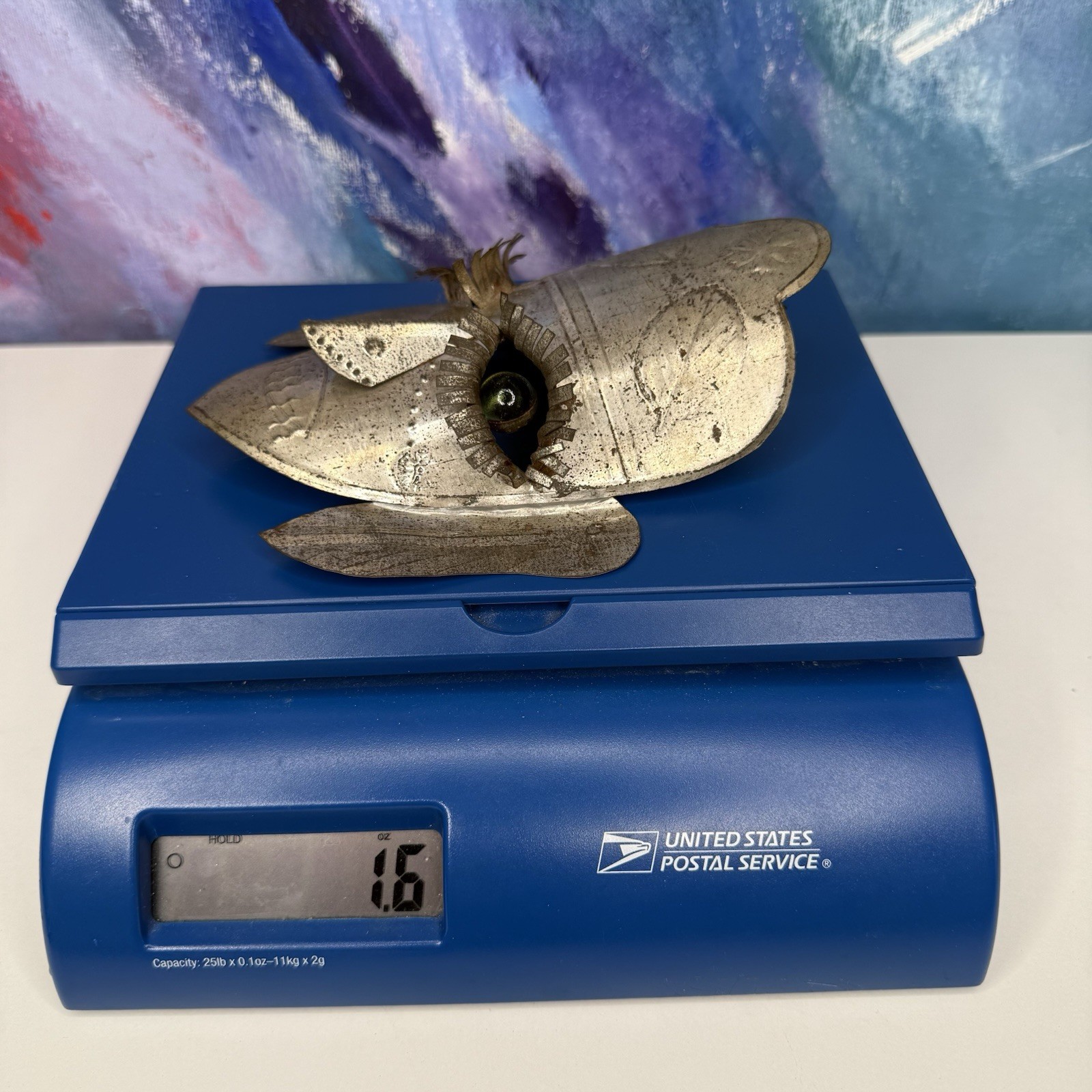 Mexican Tin Folk Art Face Mask Green Glass Eyes Wall Hanging Vintage Cultural