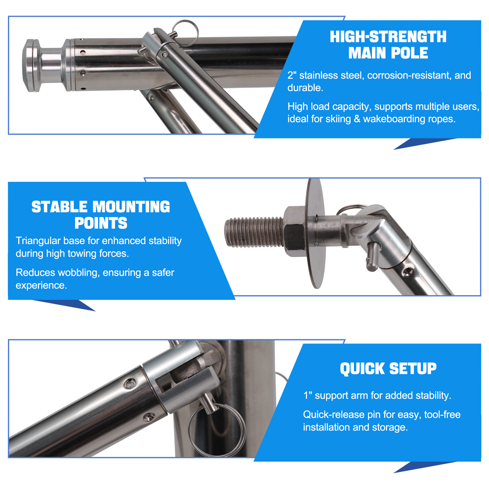 Water Ski Pylon for Outboard Boat Stainless Steel Adjustable Pole Height 33"-57"