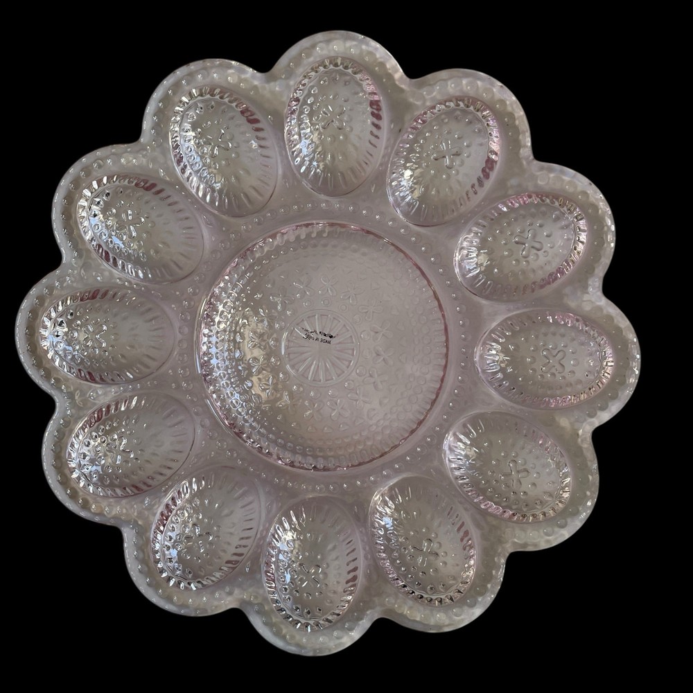 NEW Bunny Boulevard Pink Glass Devilled Egg Plate Platter 10in Embossed Easter