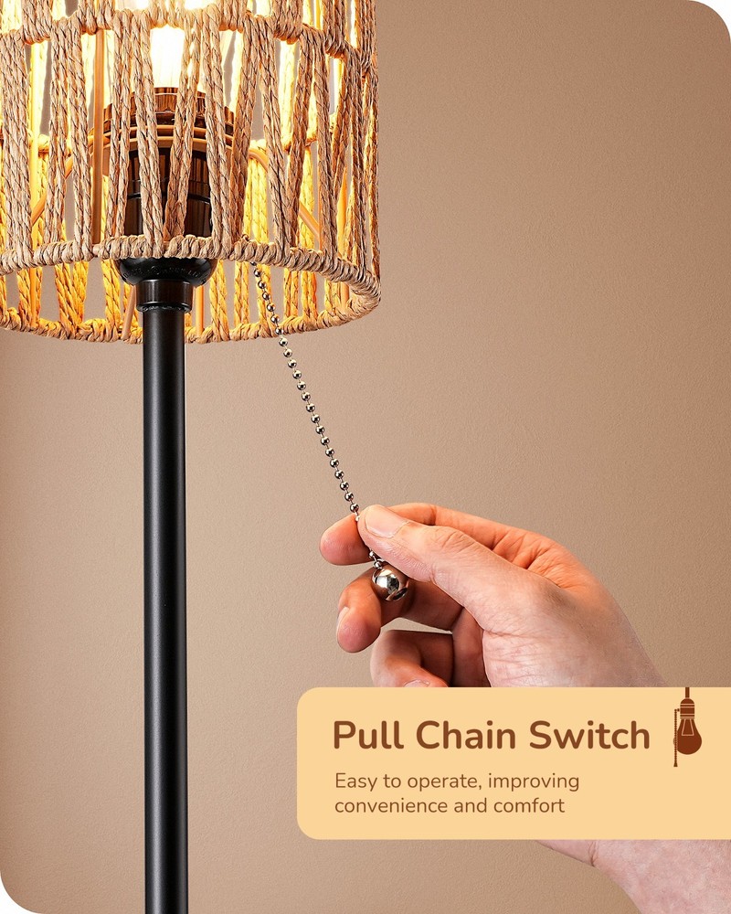 EDISHINE Rattan Table Lamp, Boho Nightstand Lamp with Pull Chain, E26 Socket