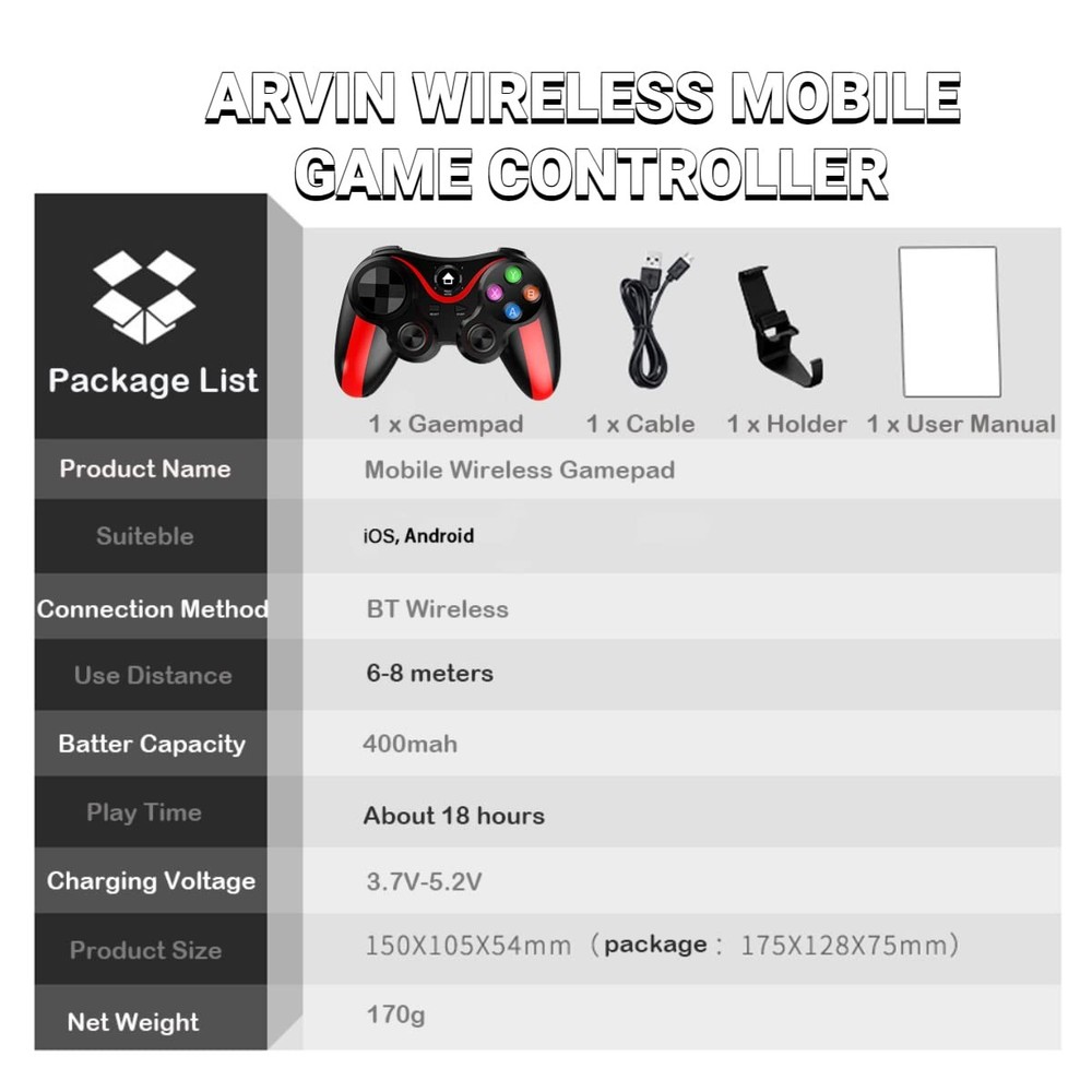 Mobile Game Controller for iPhone & Android with Holder, Bluetooth Gamepad Jo...