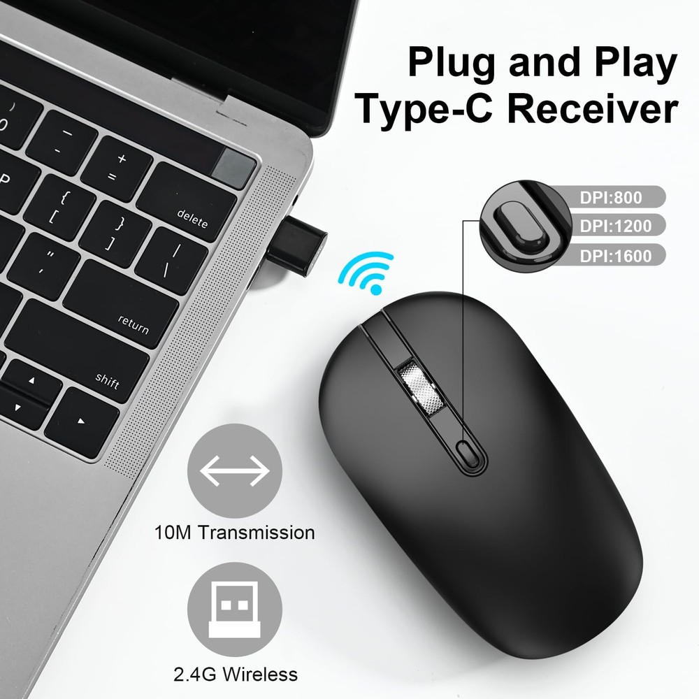 Type C Wireless Mouse, USB C Mouse 2.4G Silent Cordless Portable Computer Mic...