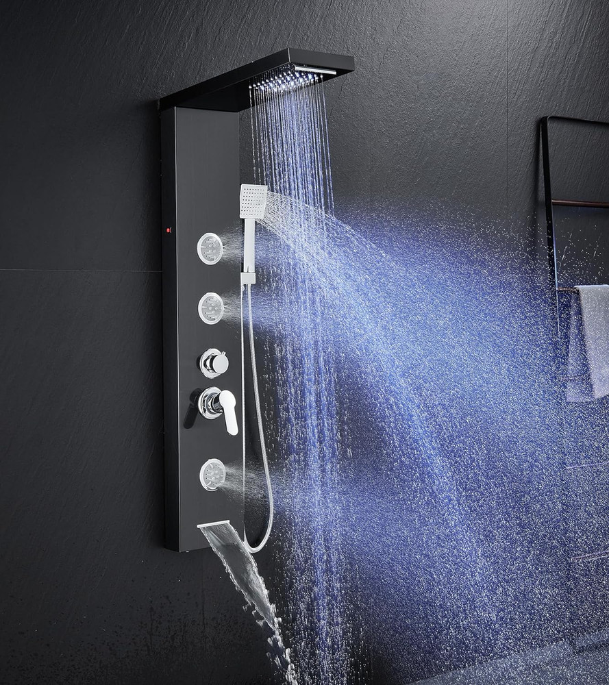 Multi-Function LED Lights Shower Panel System Black, 5 in 1 Shower Panel Include