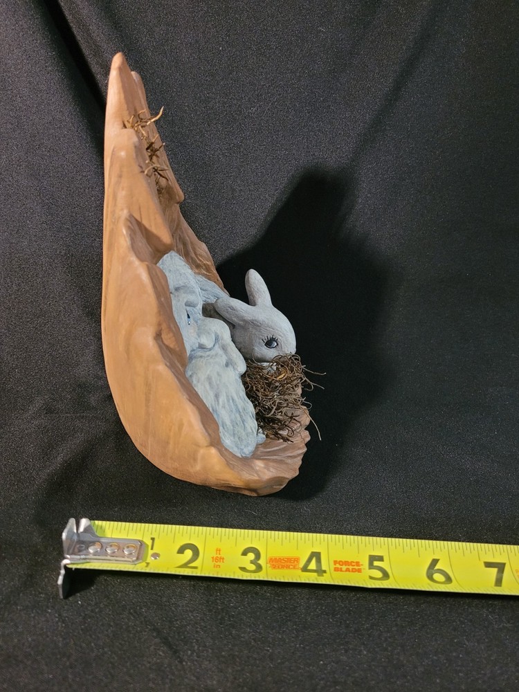 Decorative Ceramic Three Rabits Nestled Within a Tree Stump