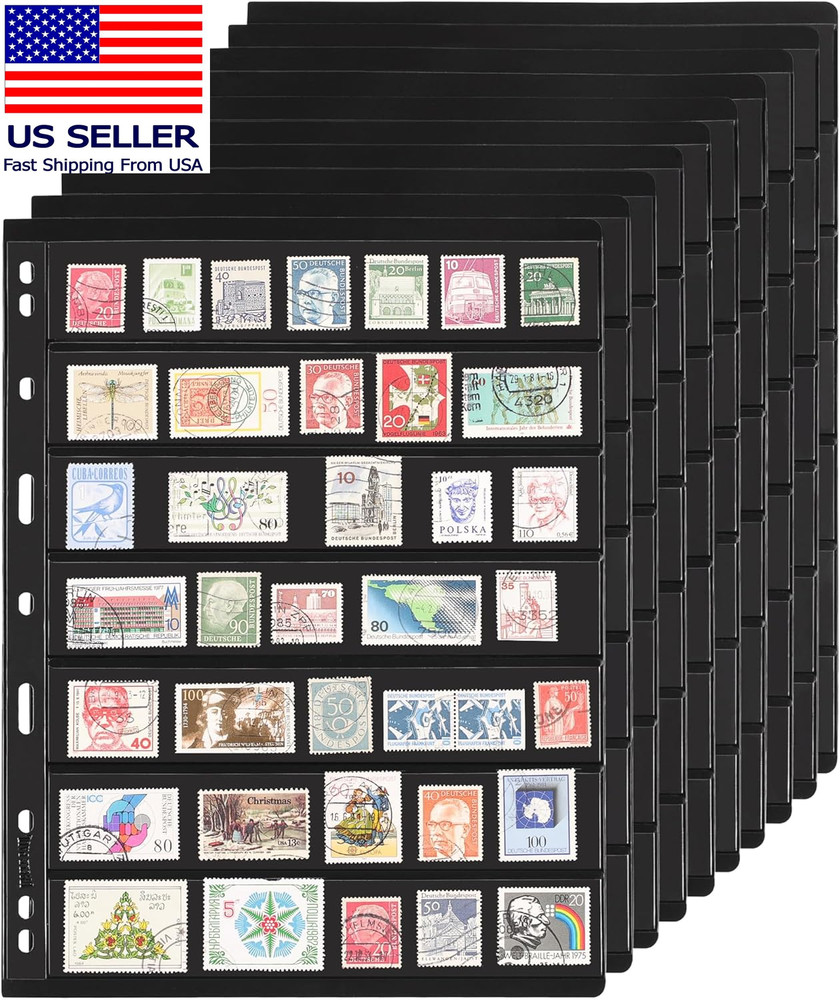 10 Sheets 20 Pages Postage Stamp Album Pages, 7 Pockets 7.7X 1.35In Stamp Collec