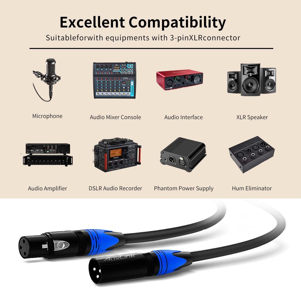 AuxLink XLR Cables, Microphone Cables 3ft 2 Pack, Heavy Duty Balanced XLR Speake