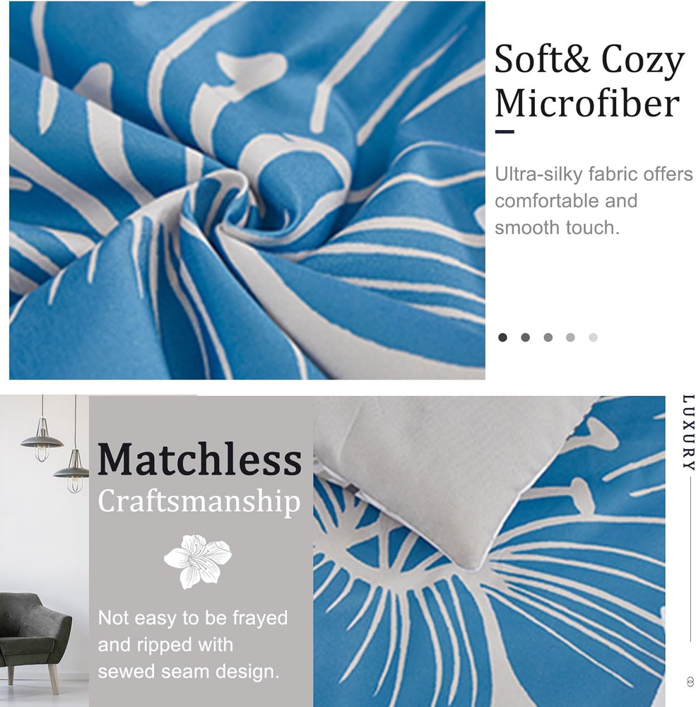 Floral Comforter Set King Blue Flower Pattern Printed on Grey, Soft Microfiber B
