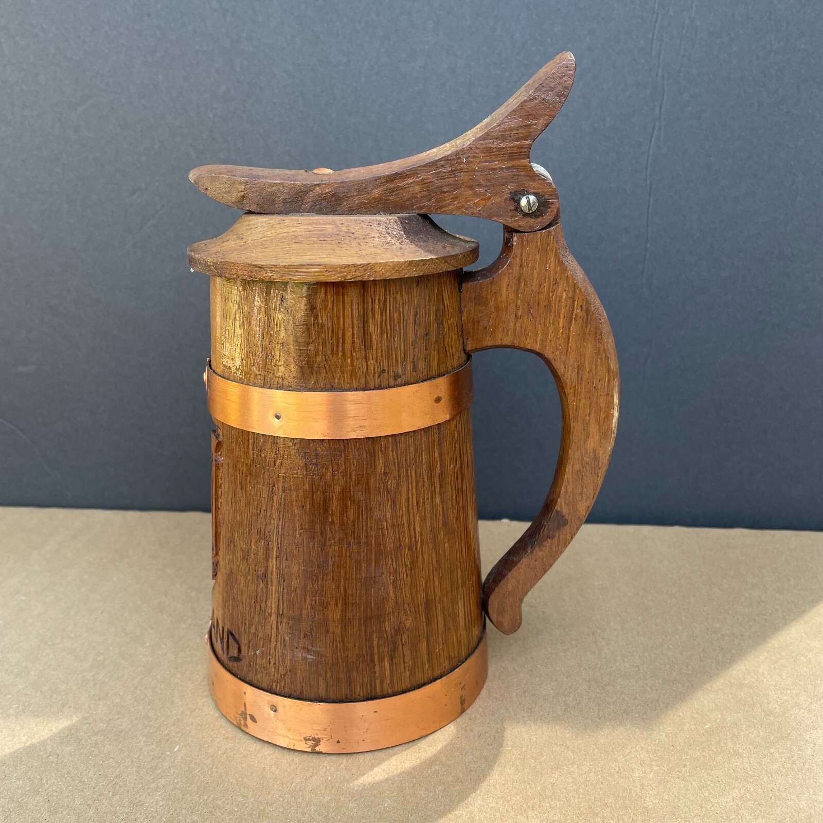 Vintage "Deutschland" Germany Eagle Carved Wooden Wood Barrel Tankard
