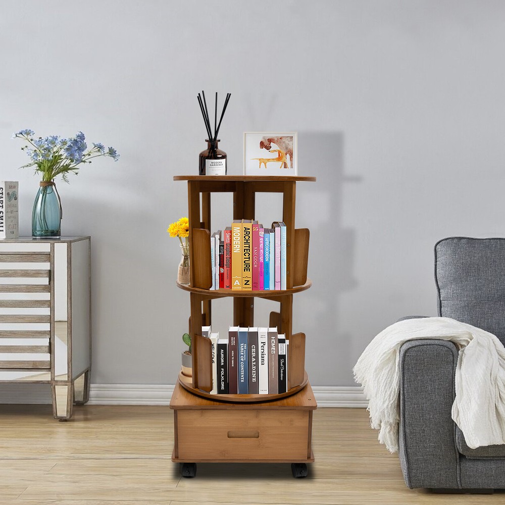 Rotating Bookshelf Swivel Storage Table Bookcase Side Table with Rolling Wheels