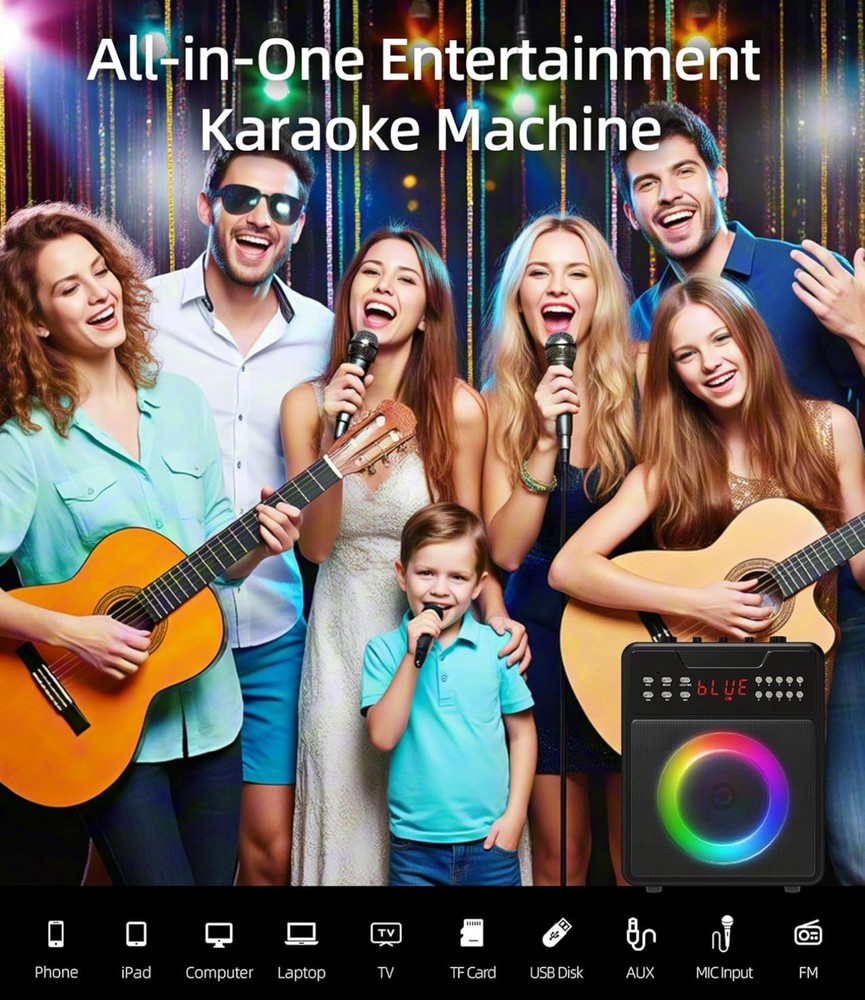 Karaoke Machine, Portable Bluetooth Speaker With 2 Wireless Microphones & Lights