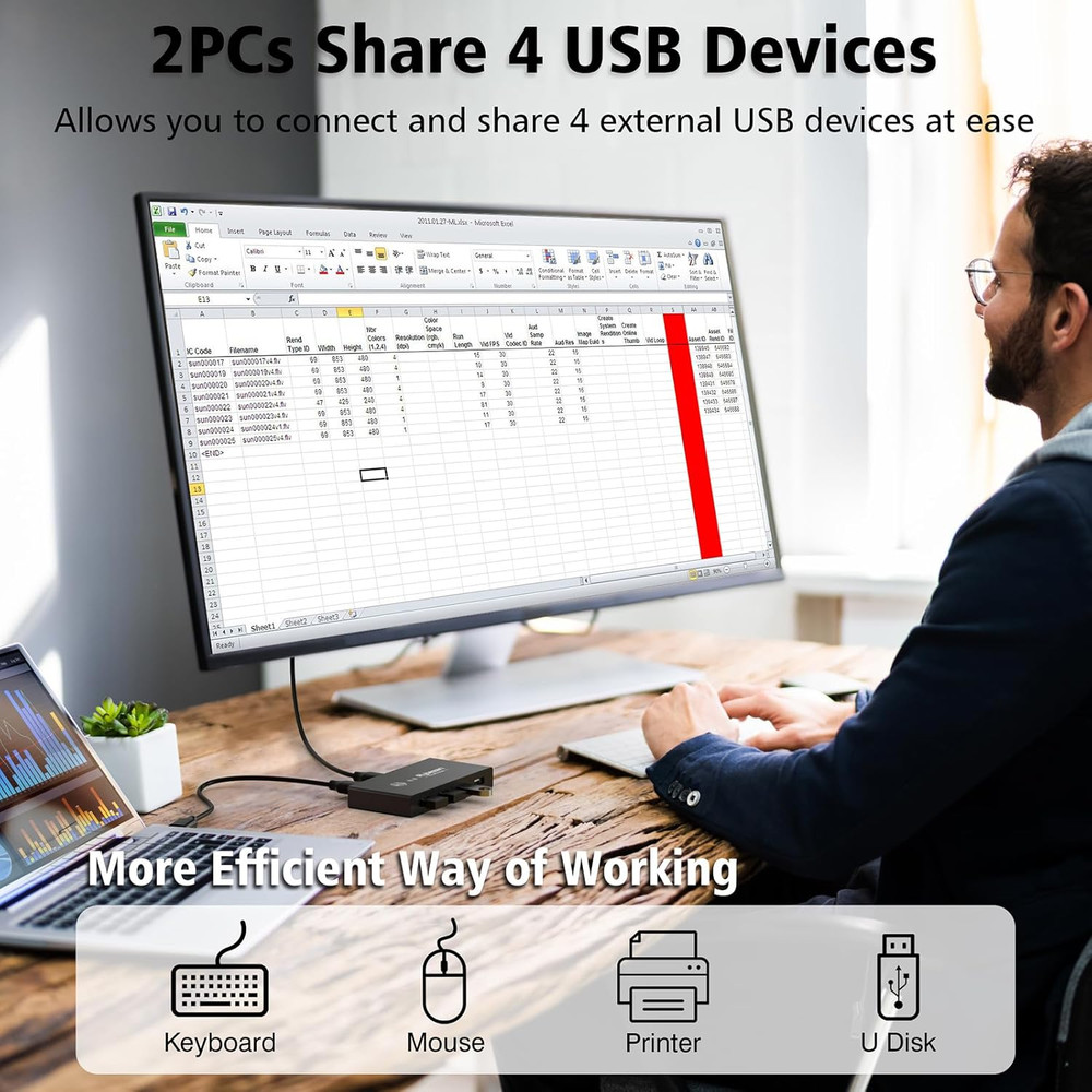 USB Switcher 2 Computers, USB Switch 2 PC Sharing 4 USB Devices, 2 in 4 Out with