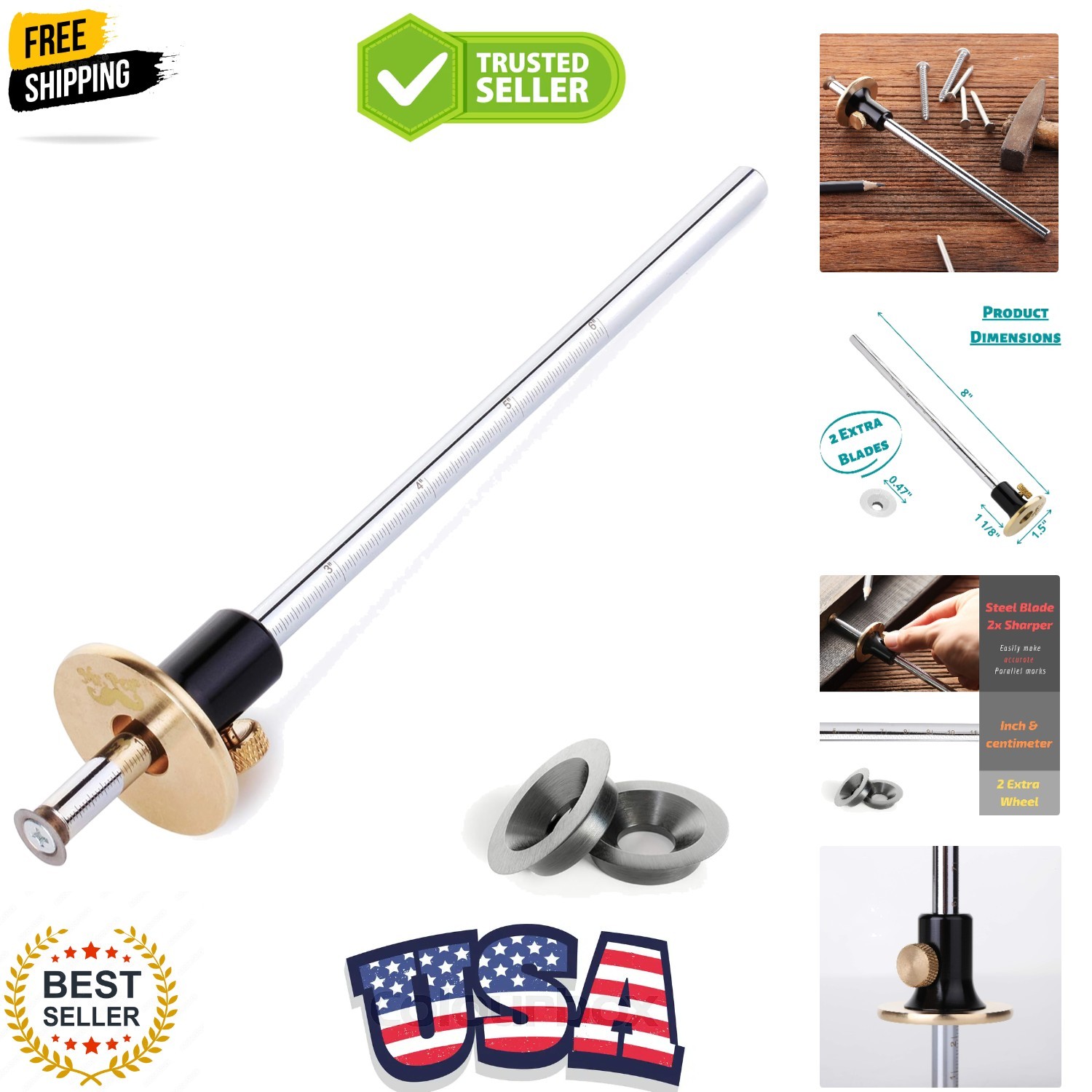 Wheel Marking Gauge, 2 Extra Blades, Laser Engraved Graduations, Solid Brass ...