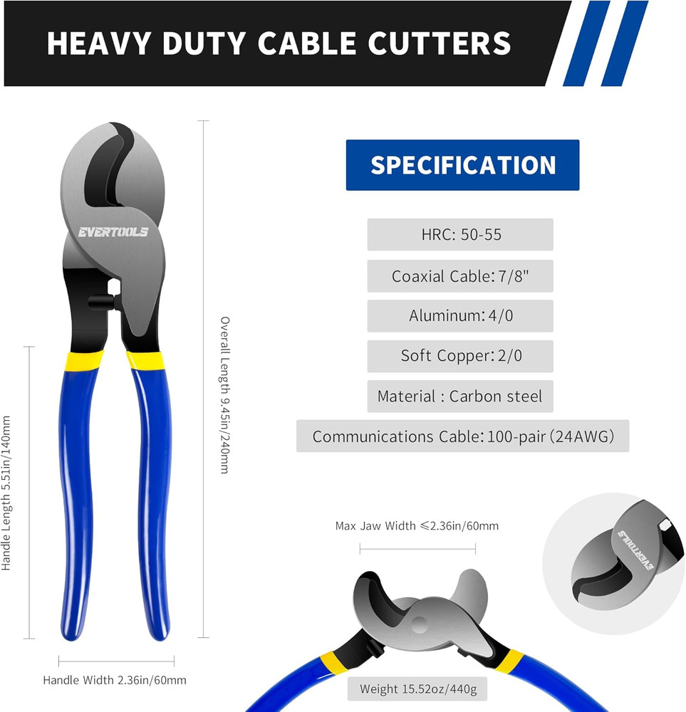 High-Leverage Cable Cutter, 10-Inch Wire Cutter for Aluminum & Soft Copper Cable
