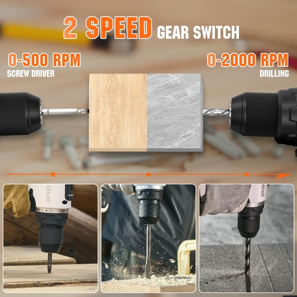 Litheli 20V Cordless Drill Driver, Brushless Power Drill with 2 Variable Spee...