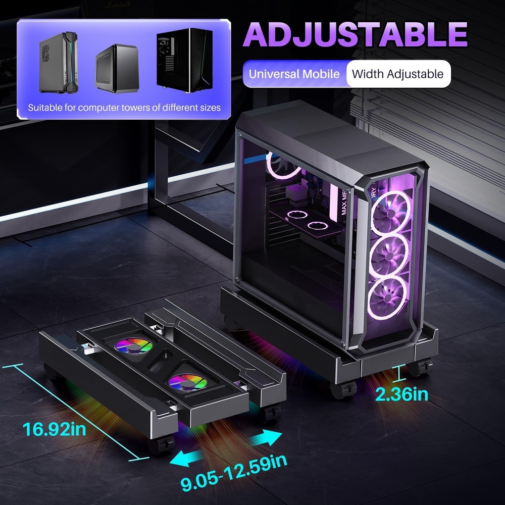 Adjustable Computer Tower Stand with Cooler Fan and Light, PC Stand for Floor...