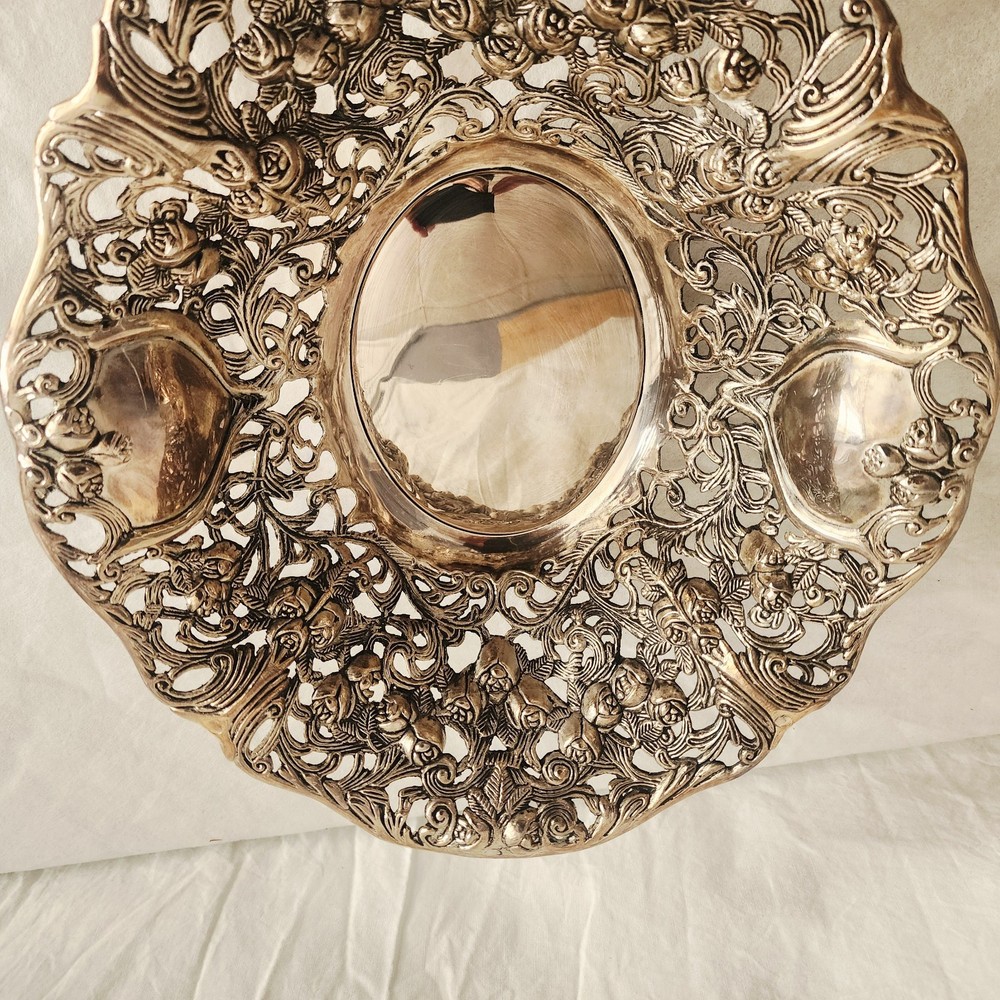 Silverplate Metal Centerpiece Bowl Intricate Pierced Openwork Design Roses