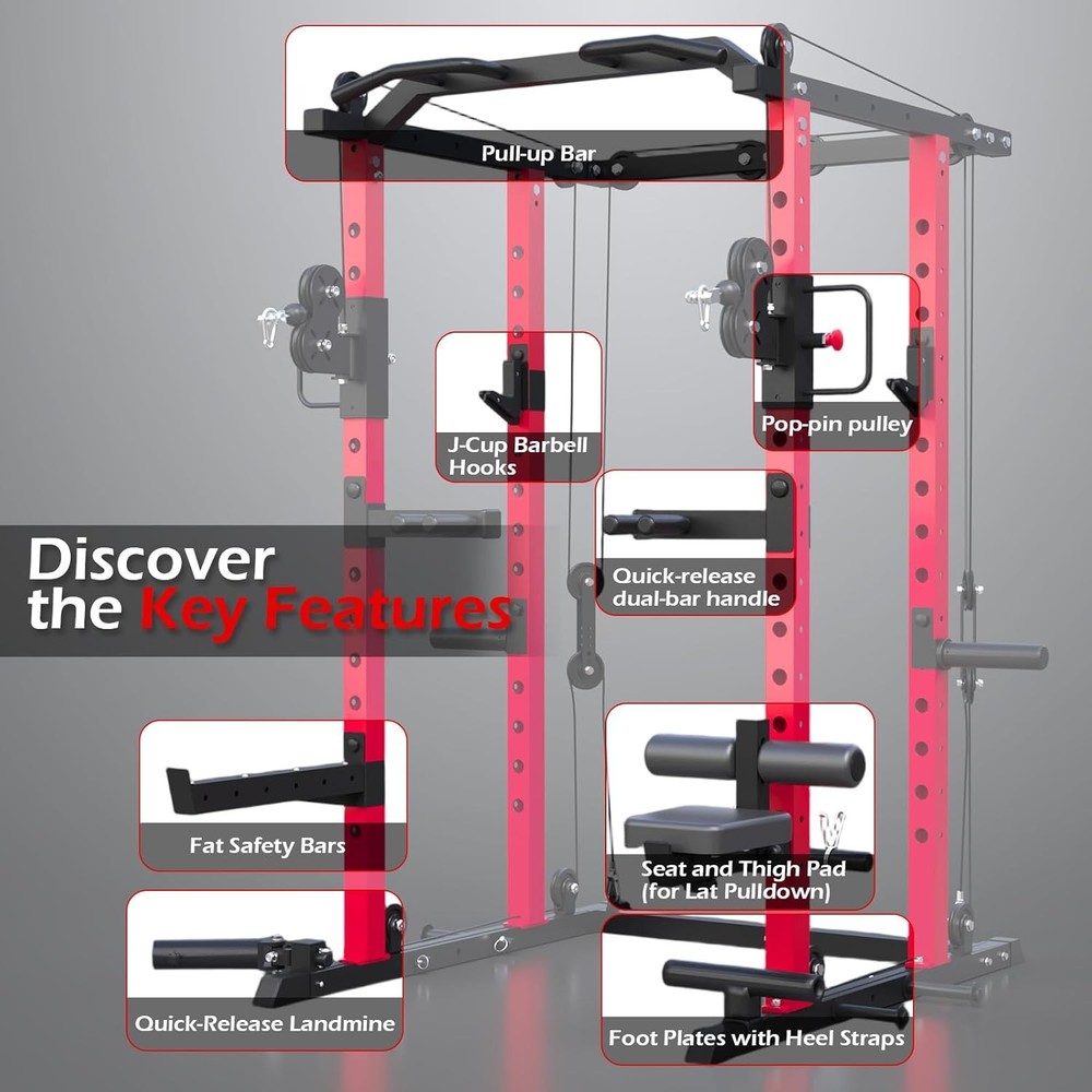 Power Squat Rack Cage, 2000lbs Weight Cable Machine with LAT Pulldown for Sport