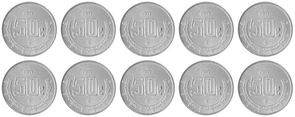 Mexico 50 Centavos, 2013, KM #936, Mint X 10 PCS