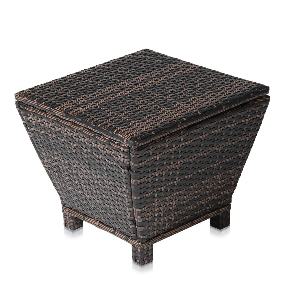 Outdoor PE Wicker Side Table with Storage, Small Patio Storage Bin Container