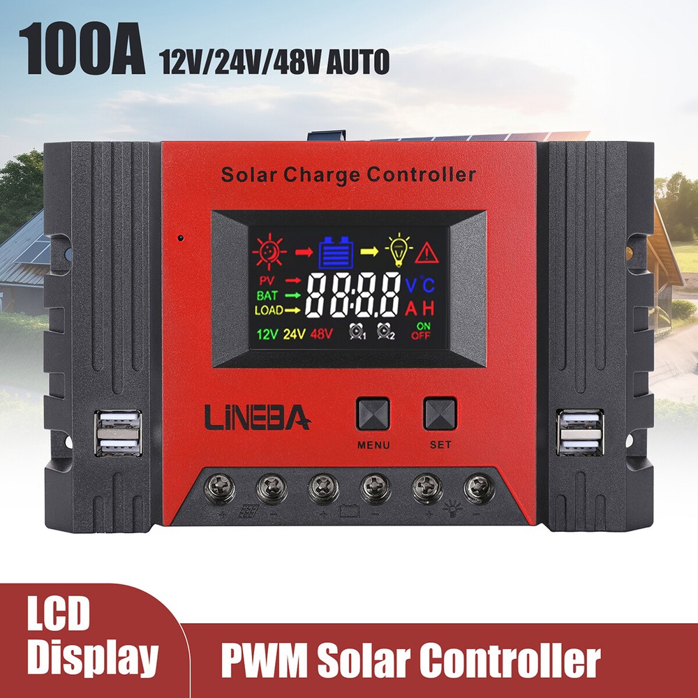 100A Solar Panel Battery Charge Controller 12V/24V/48V LCD Regulator Auto 4USB