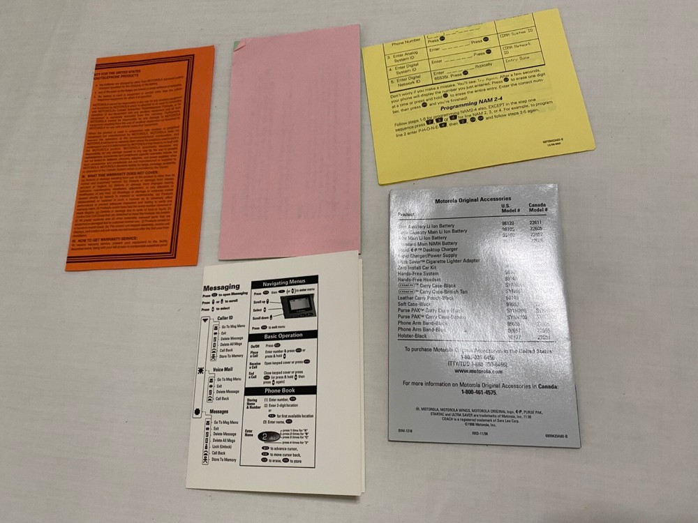 Motorola Digital StarTAC Wireless Telephone Users Guide ST7760 + Paper Inserts