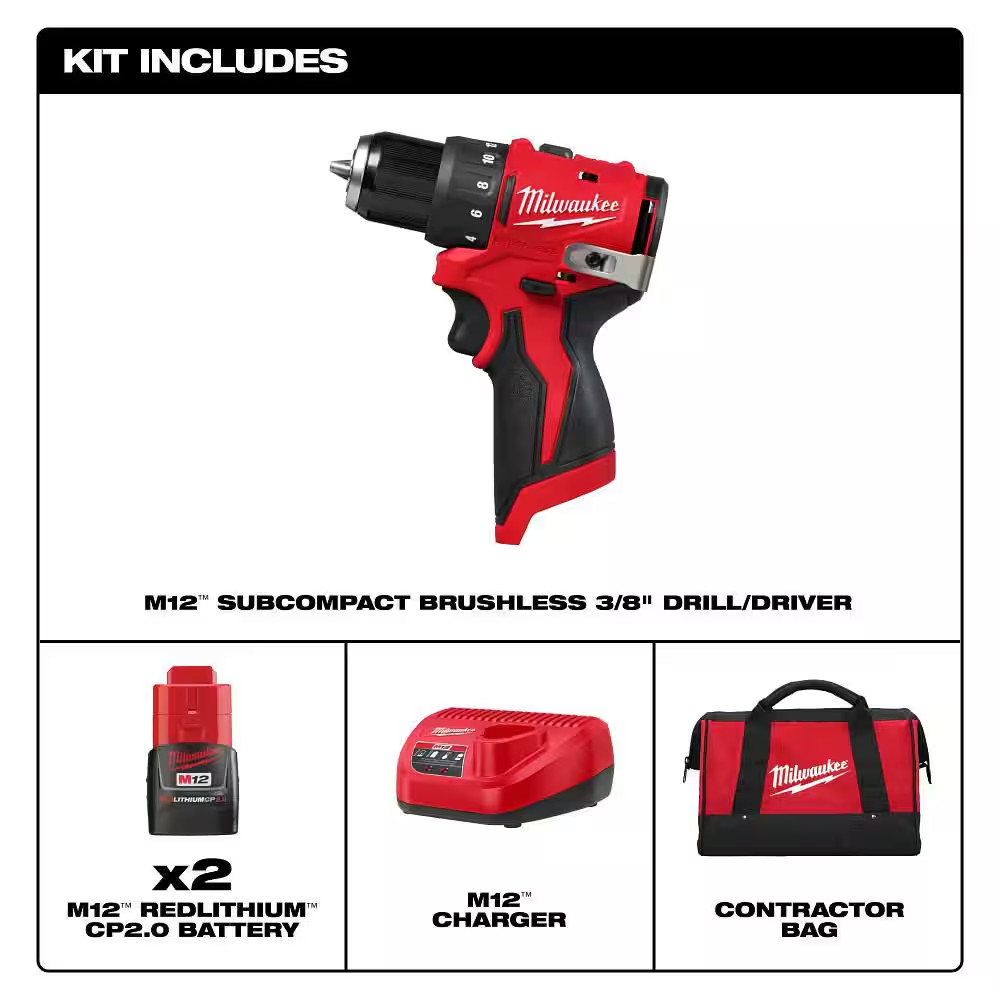 M12 12-Volt Lithium-Ion Brushless Cordless Subcompact Brushless Drill Driver Kit