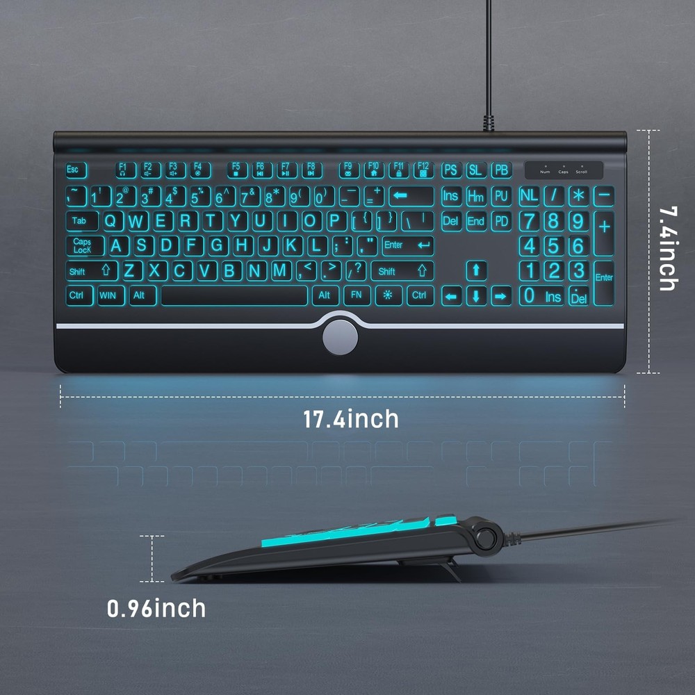 Computer Wired Keyboard, Large Print Backlit Keyboard with Wrist Rest, 7-Colors