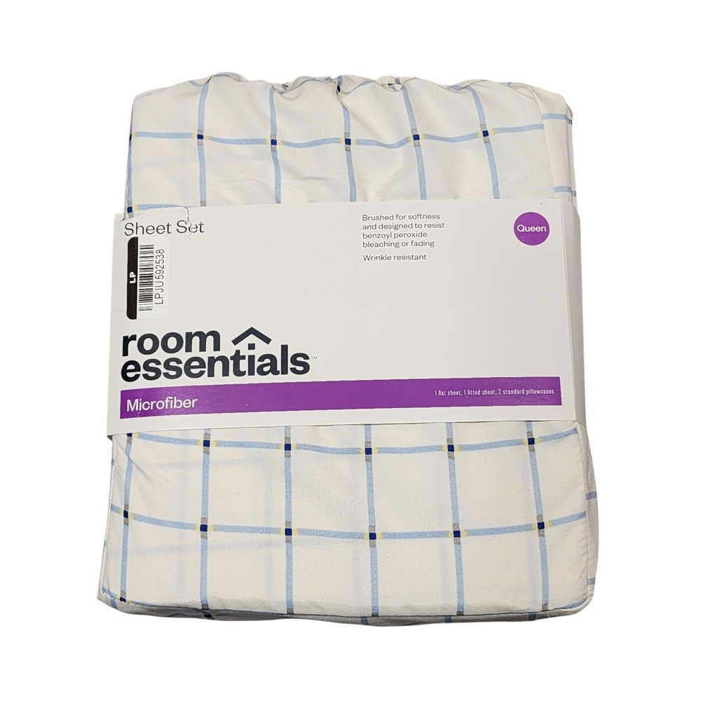 Room Essentials Queen Microfiber Sheet Set White Blue Yellow Windowpane Plaid