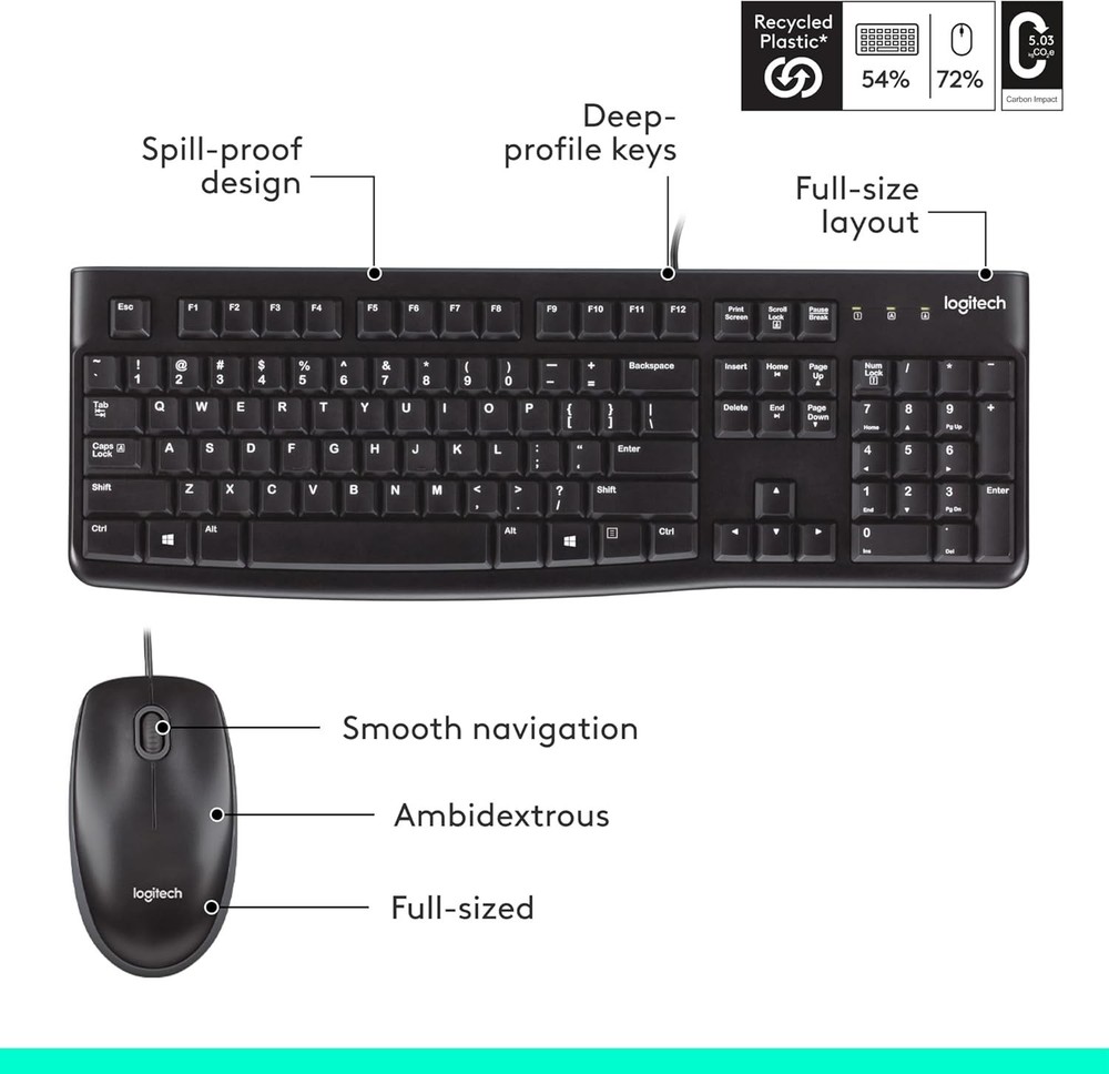 Logitech MK120 Full-size USB Wired Membrane Keyboard and Mouse Bundle For PC Mac