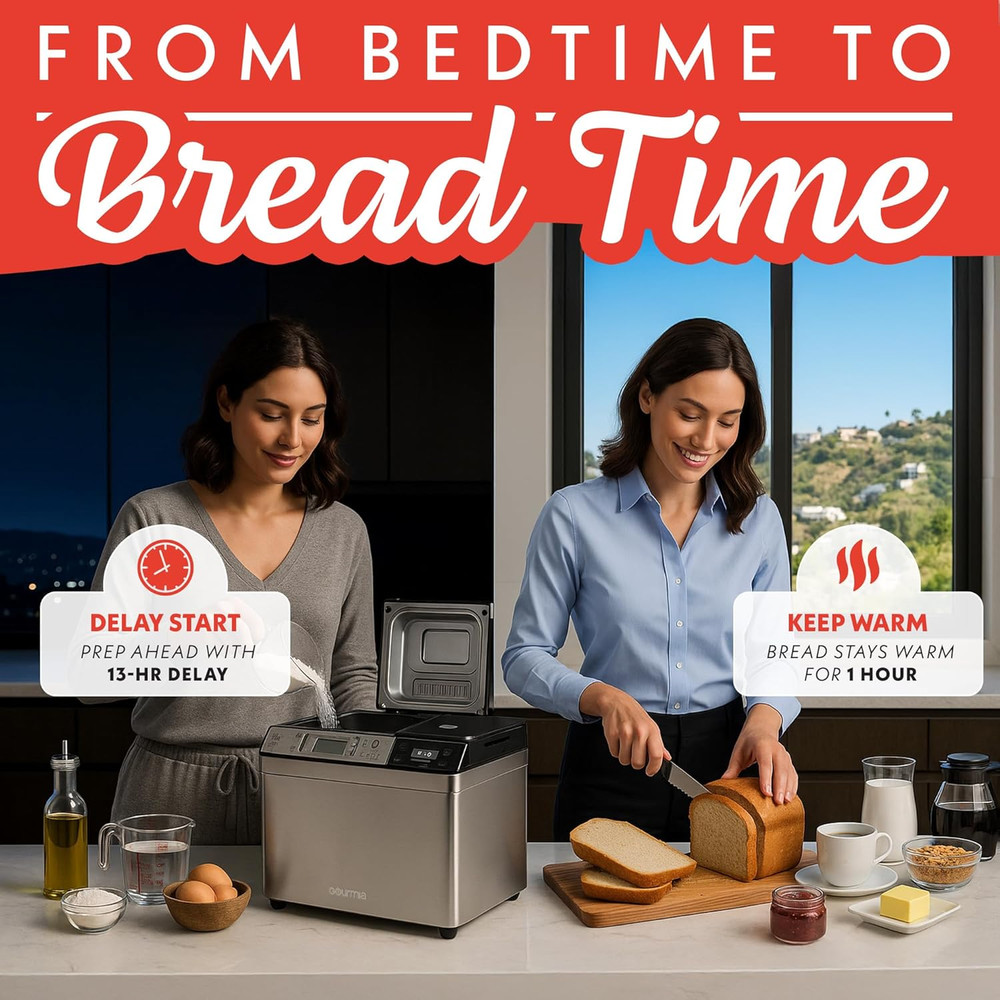 2 LB Bread Maker with 13 Settings, Jam Mode & Auto Dispenser for Fresh Bread