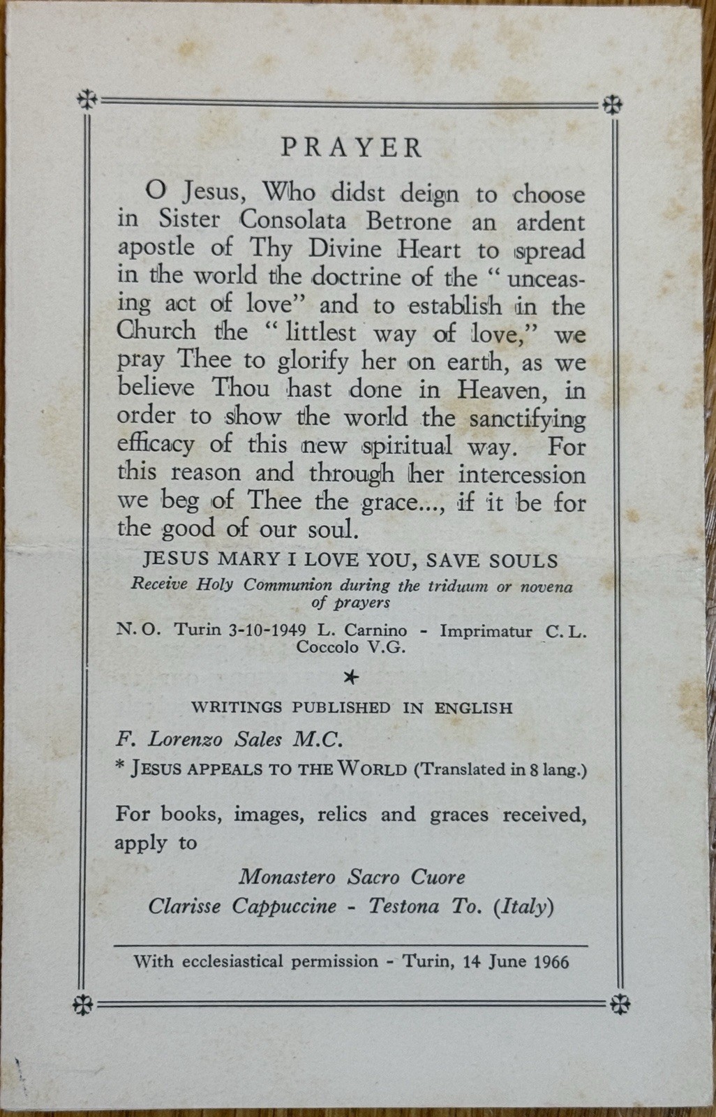 Sister Maria Consolata Betrone Holy Card - Sr Maria Betrone Holy Card