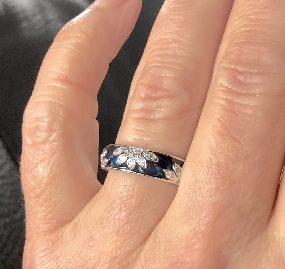 Blue Enamel Cubic Zirconia Leaf Ring
