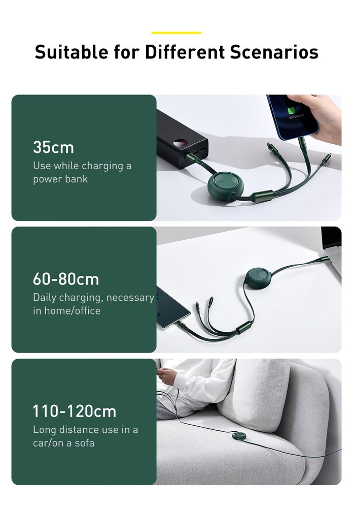 Baseus 100W 3 in 1 USB C Fast Cable Retractable Cord For iPhone Micro USB Type C