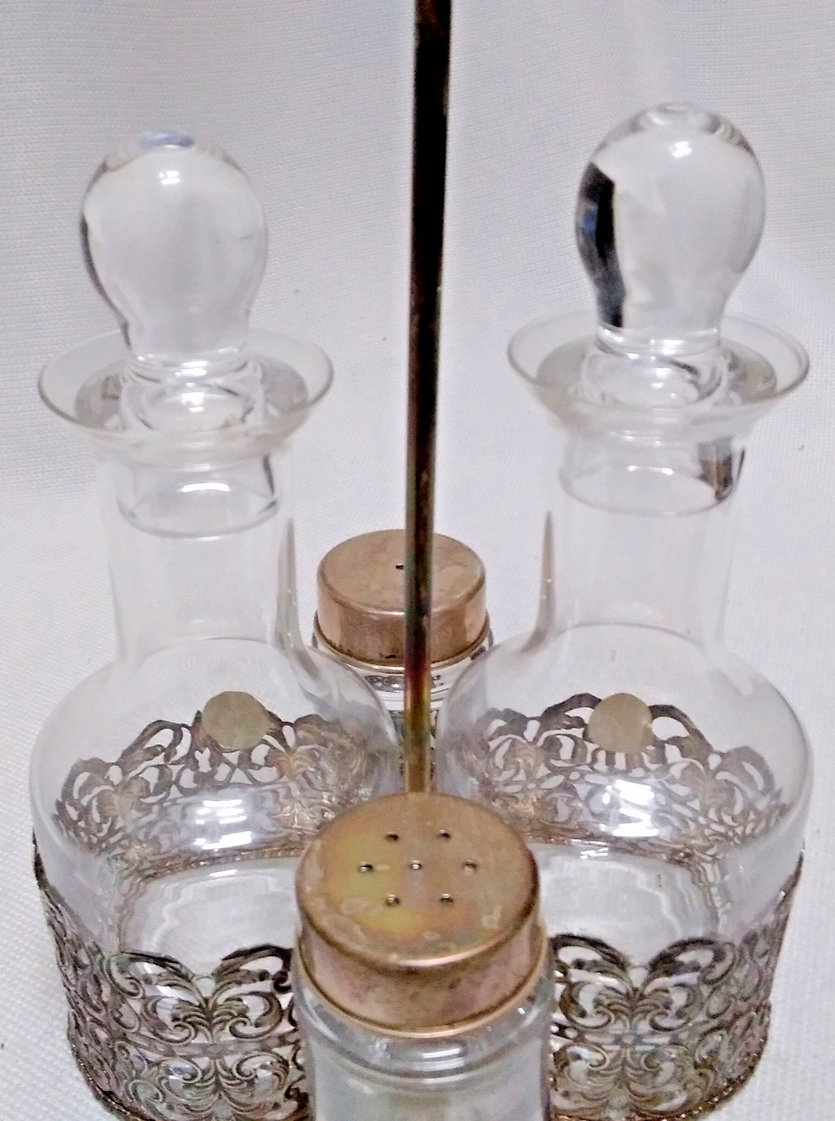 Italian 925 Cutout Sterling Silver and Fine Crystal Vessels Condiment Caddy