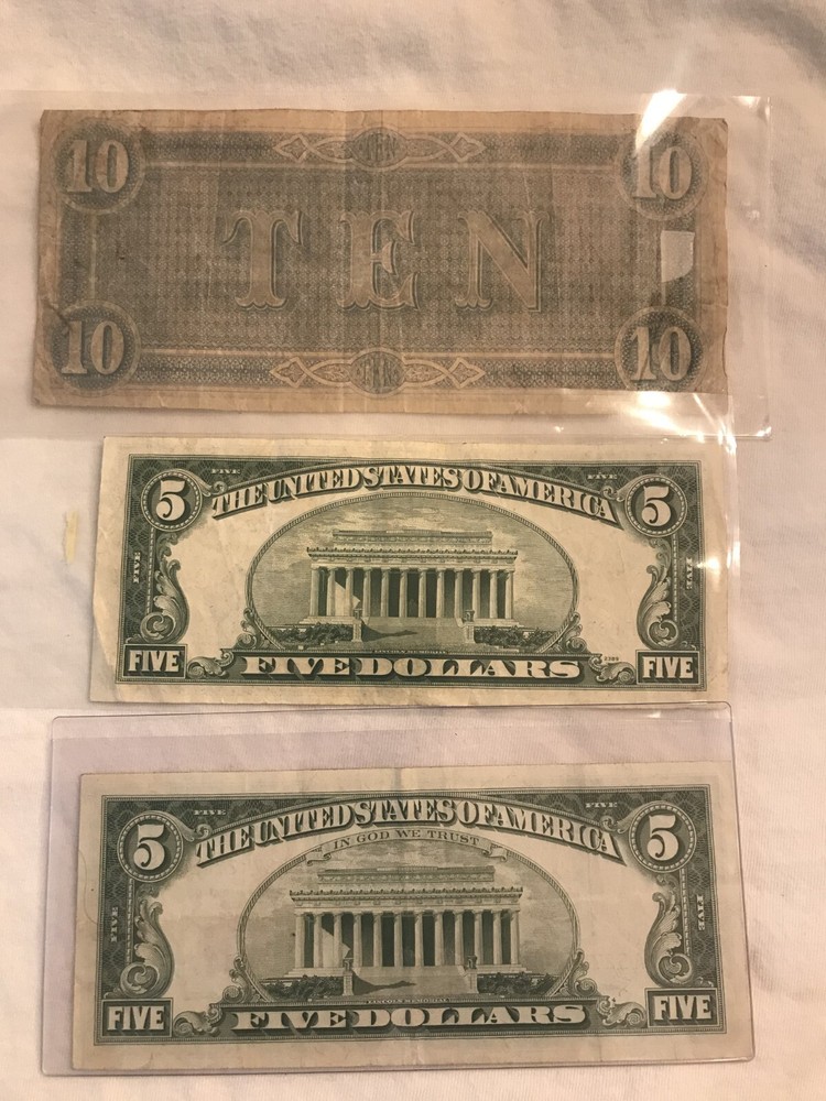 1864 10.$ confederate note, 1963 5.$ red seal note, 1953 silver certificate.