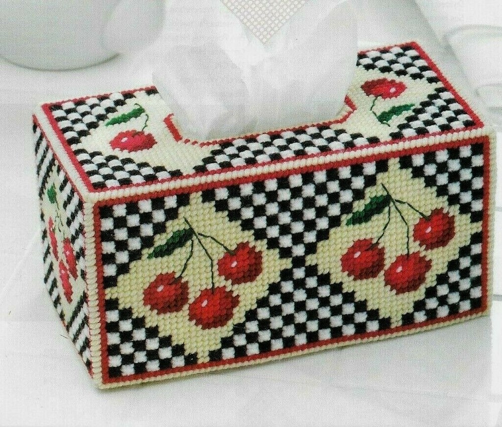 CHECKS & CHERRIES TISSUE COVER HOME DECOR PLASTIC CANVAS PATTERN INSTRUCTIONS