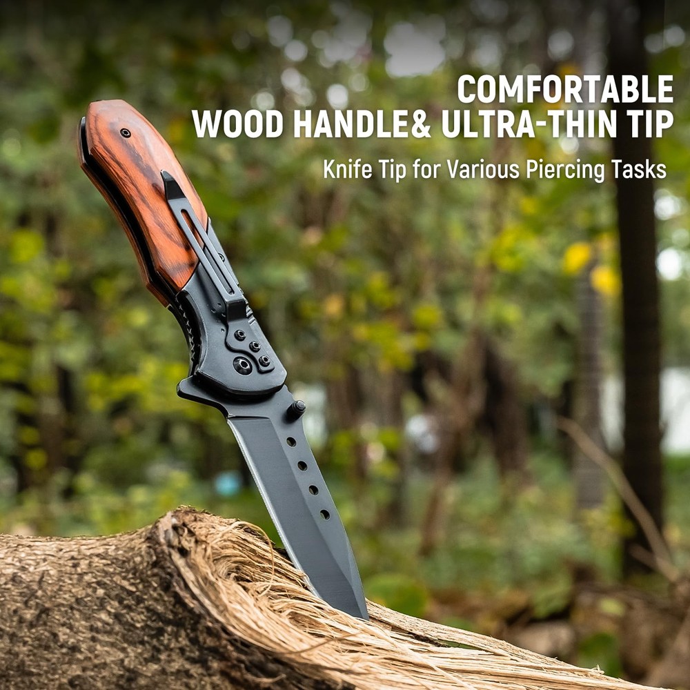 Pocket Knife for Men - Sharp Blade Wood Handle Pocket Folding Knives with Cli...