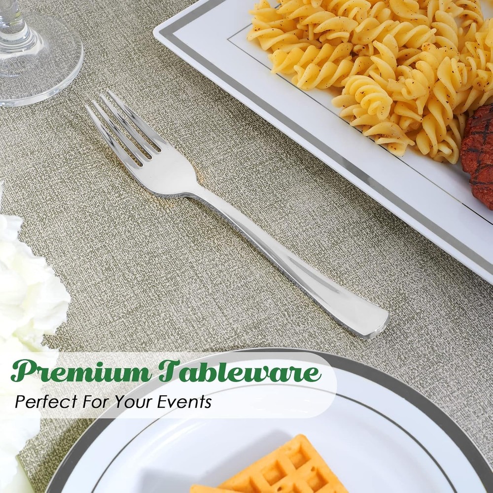 FOCUSLINE 300 Pack Disposable Silver Plastic Forks, Solid and