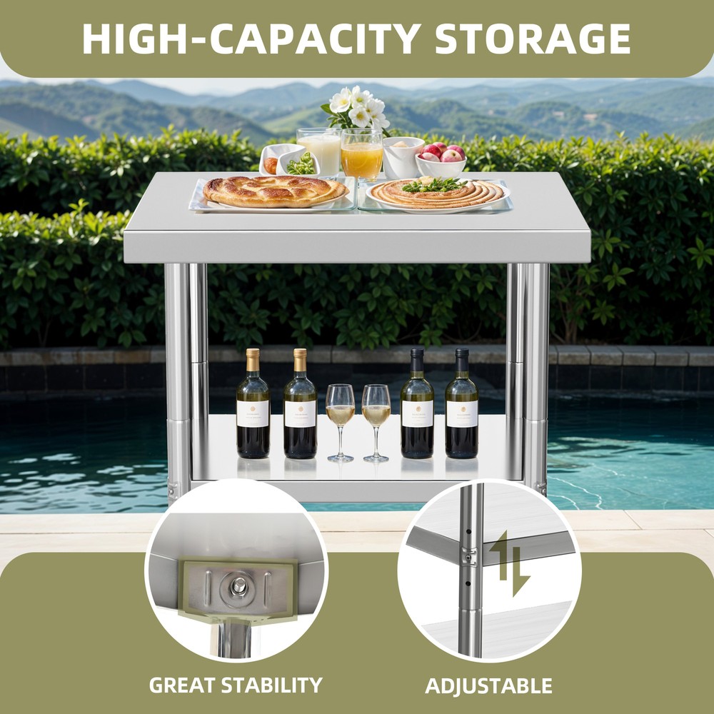 30"x24" Rolling Kitchen Work Table Stainless Steel Double Shelf Lockable Wheels