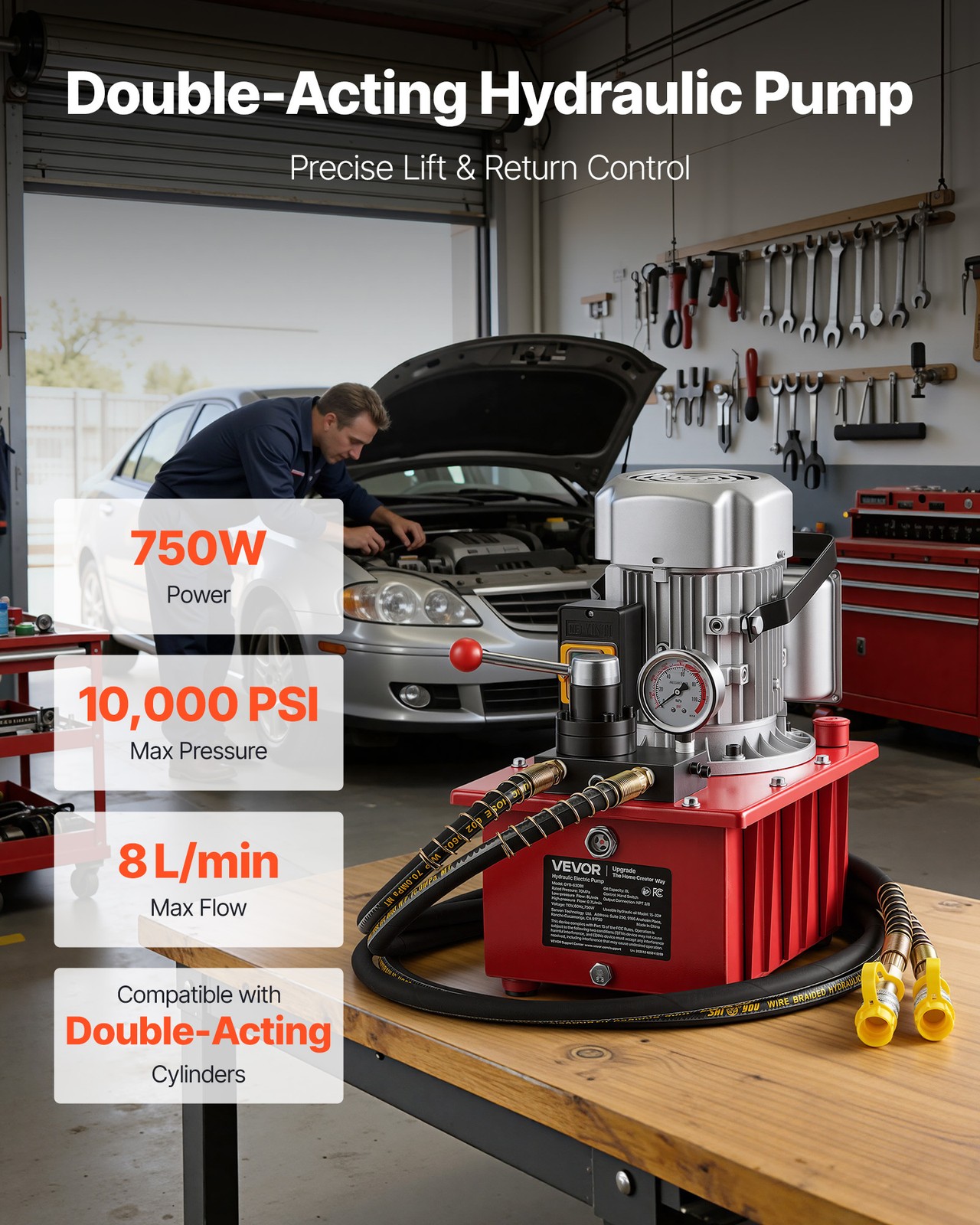 VEVOR Electric Hydraulic Pump 750W 10000 PSI Double Acting Hydraulic Power Unit