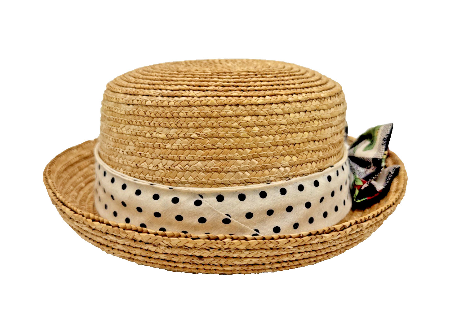 Vintage Straw Boater Hat Cherry Ribbon Polka Dot Band Flat Top Summer