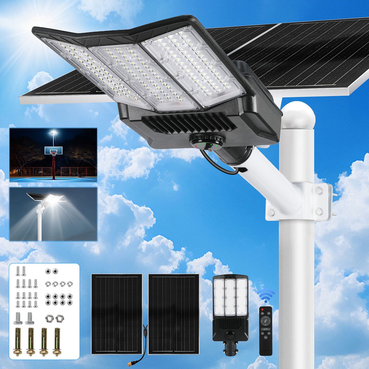 16000W Commercial Solar Street Light Dusk to Dawn Lamp Parking Lot Outdoor+Pole
