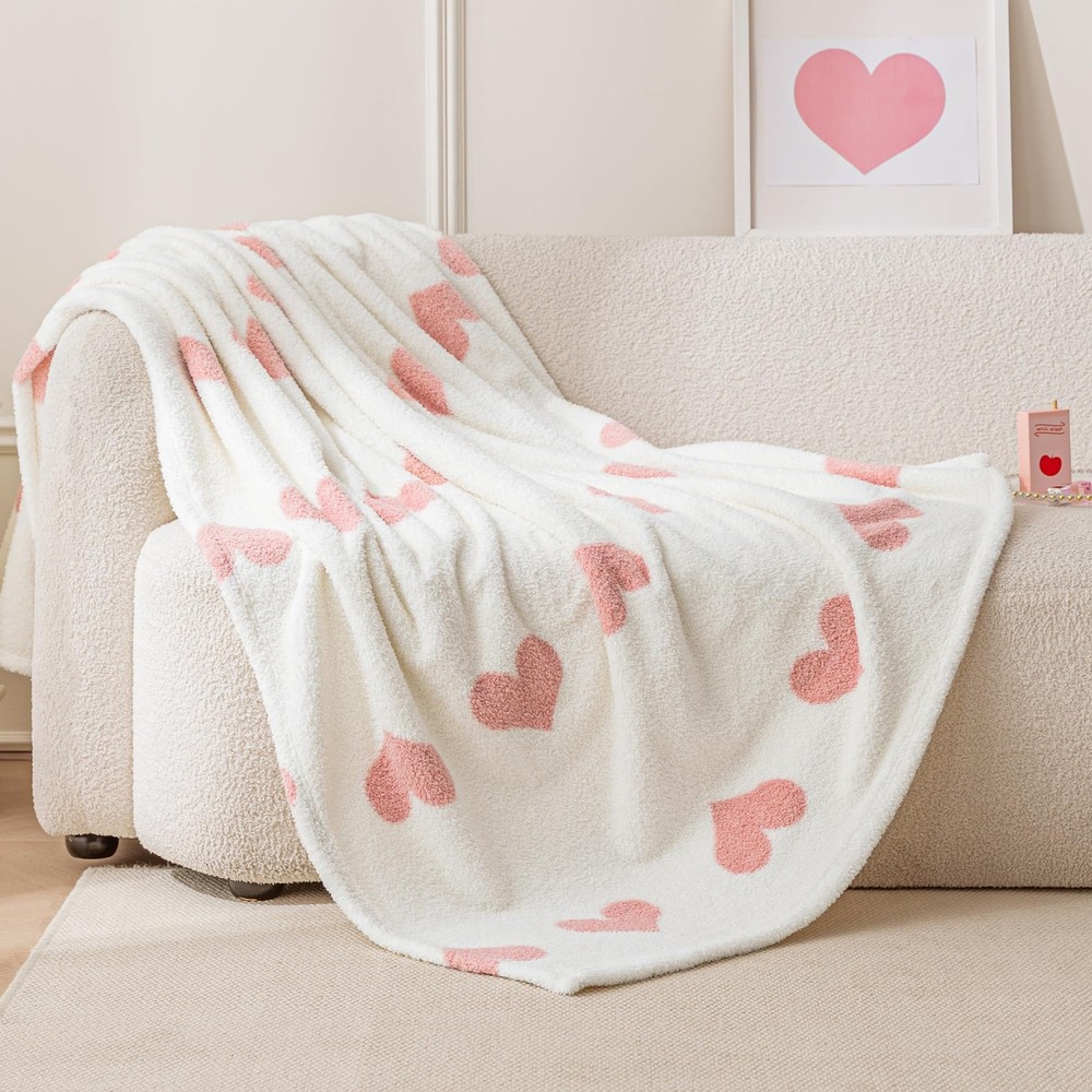 Amazon Basics Fleece Throw Blanket, Reversible Decorative Hearted Pattern for Th