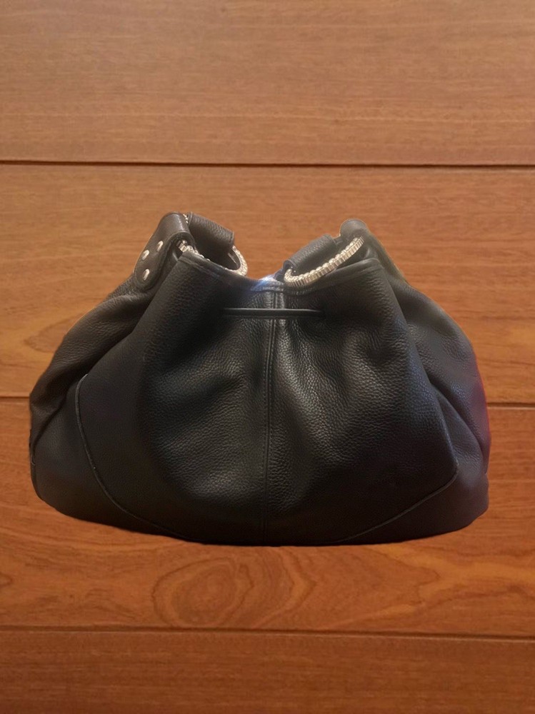 Raviani Drawstring in Black Pebble Grain Leather With Crystals.
