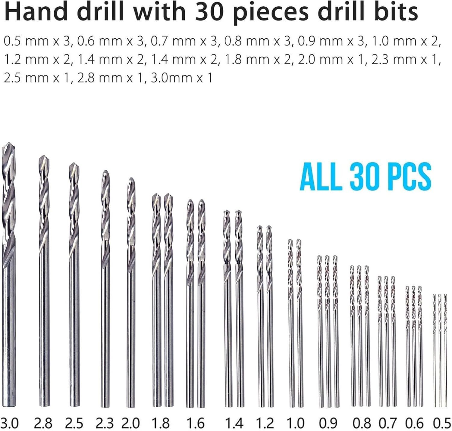 Mini Micro Hand Drill Bits Set Small Manual Keyless Chuck Pin Vise Rotary 31Pcs